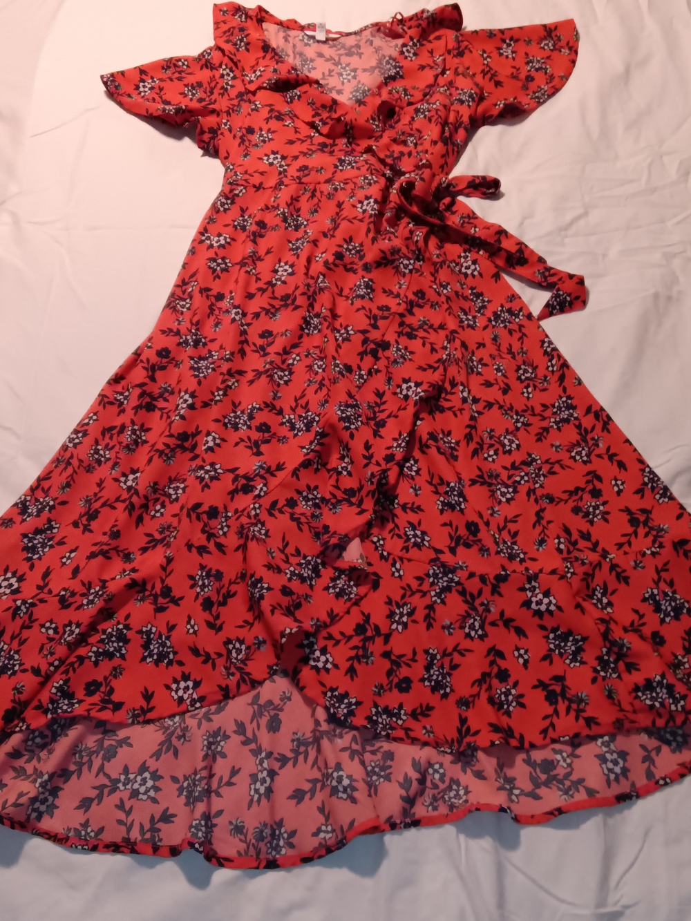 Time And True Orange Floral Wrap Dress with Ruffle Trim- Size M